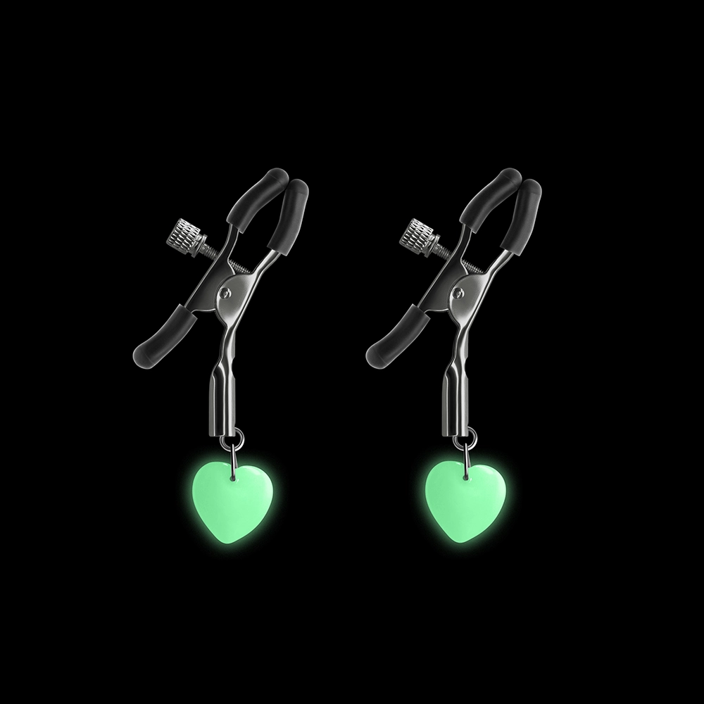 Bound Nipple Clamps With Glow In The Dark Heart Charms