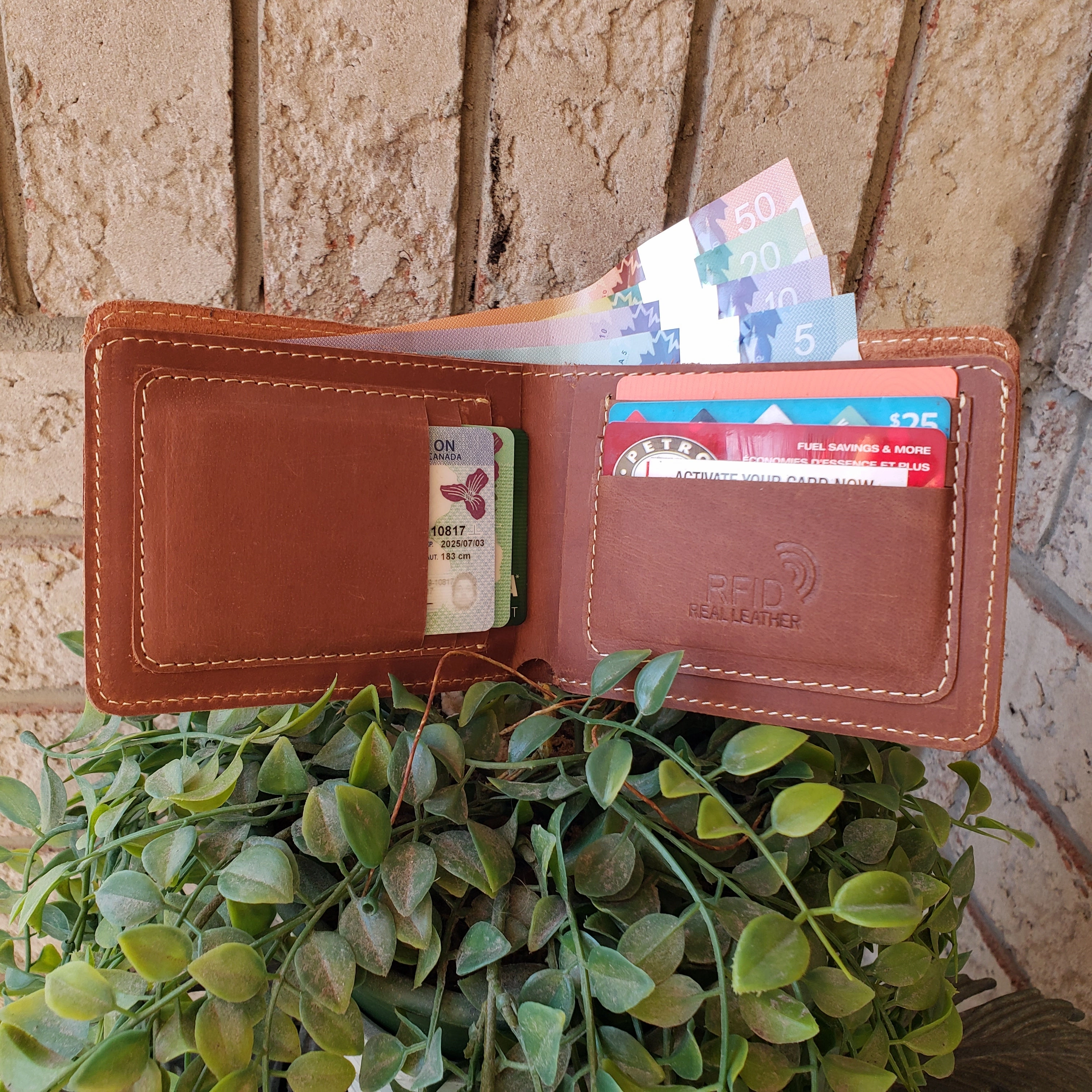Engraved Cognac Full Grain Leather Minimalist Wallet