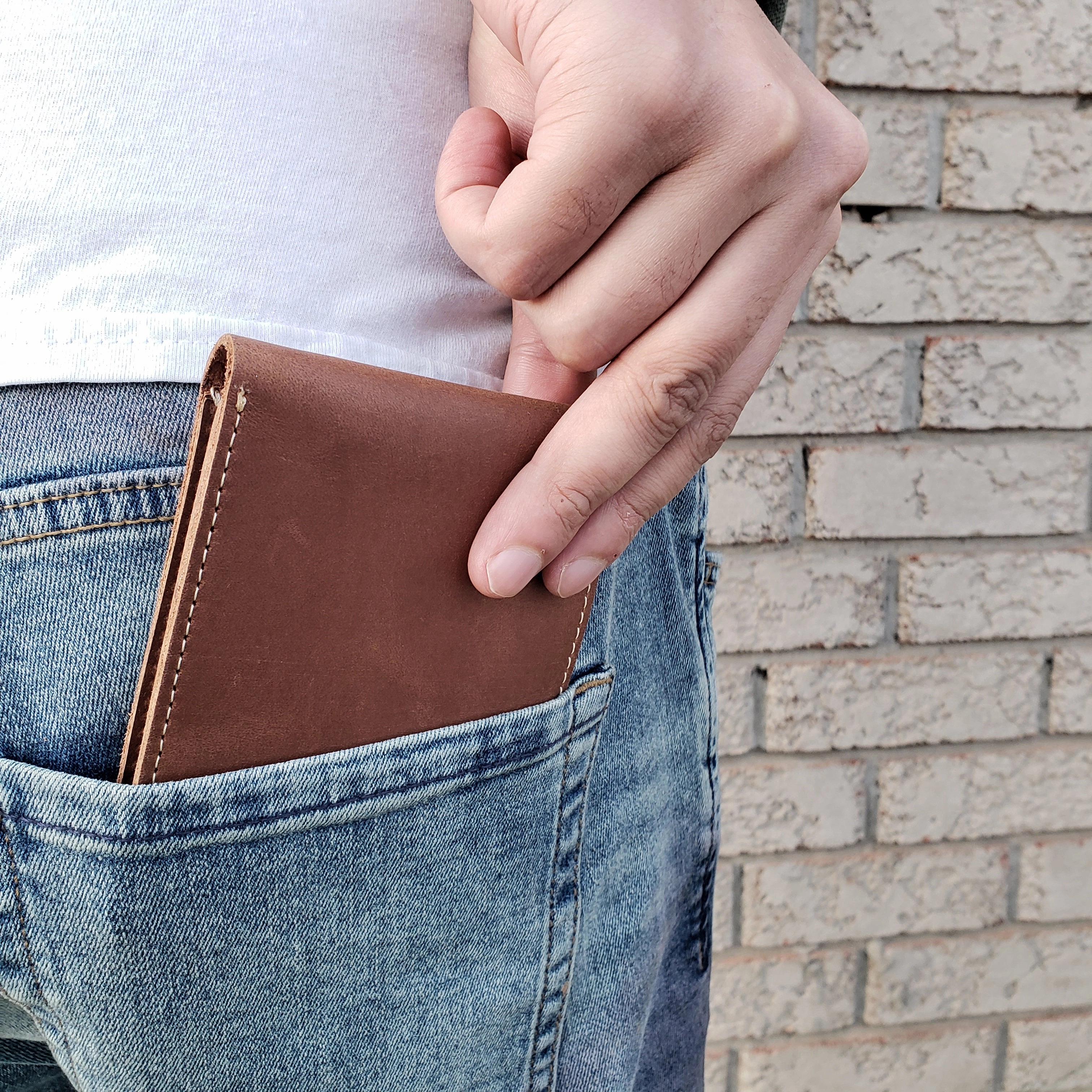 Engraved Cognac Full Grain Leather Minimalist Wallet