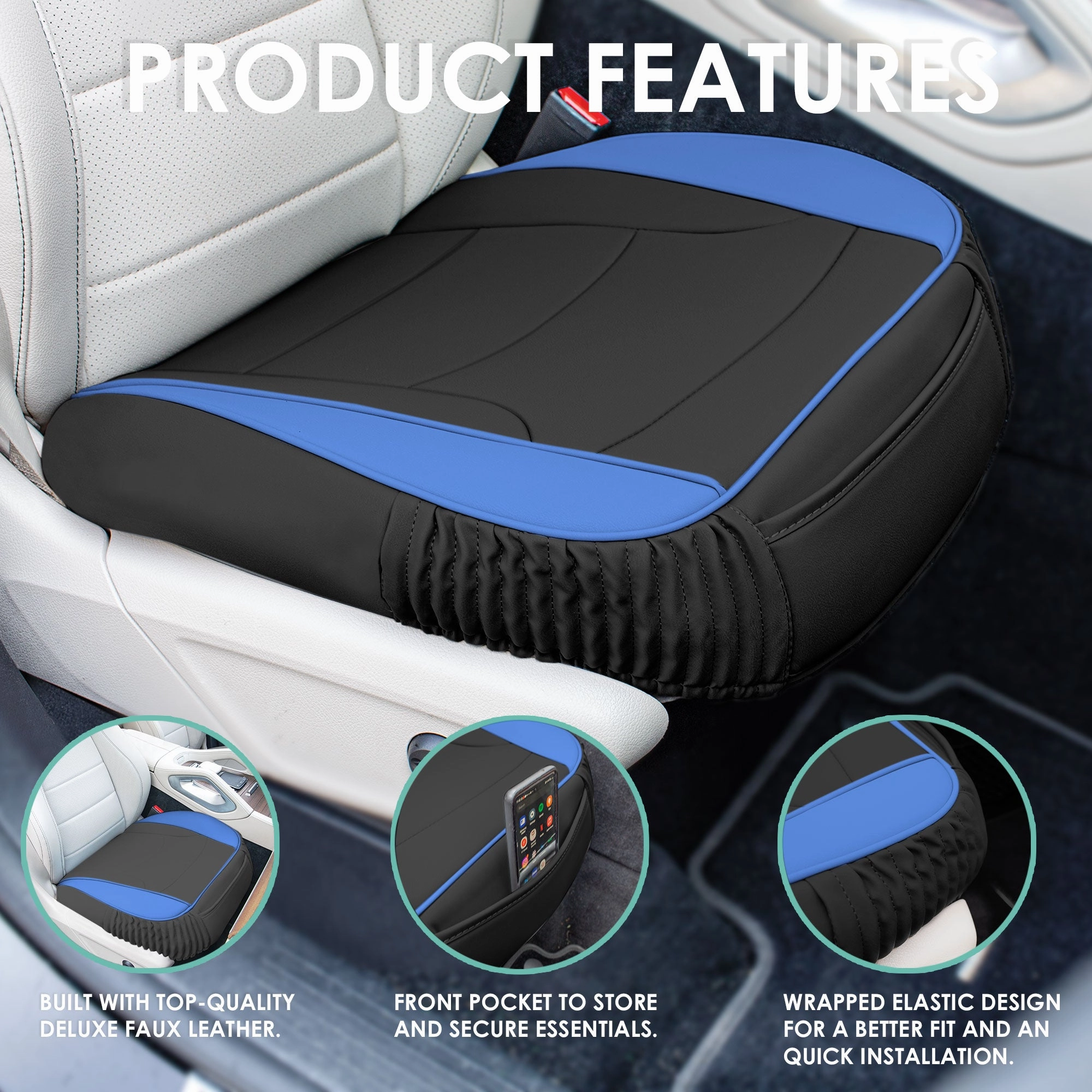 Faux Leather Seat Cushion Pad - 2 Piece Front Set Blue