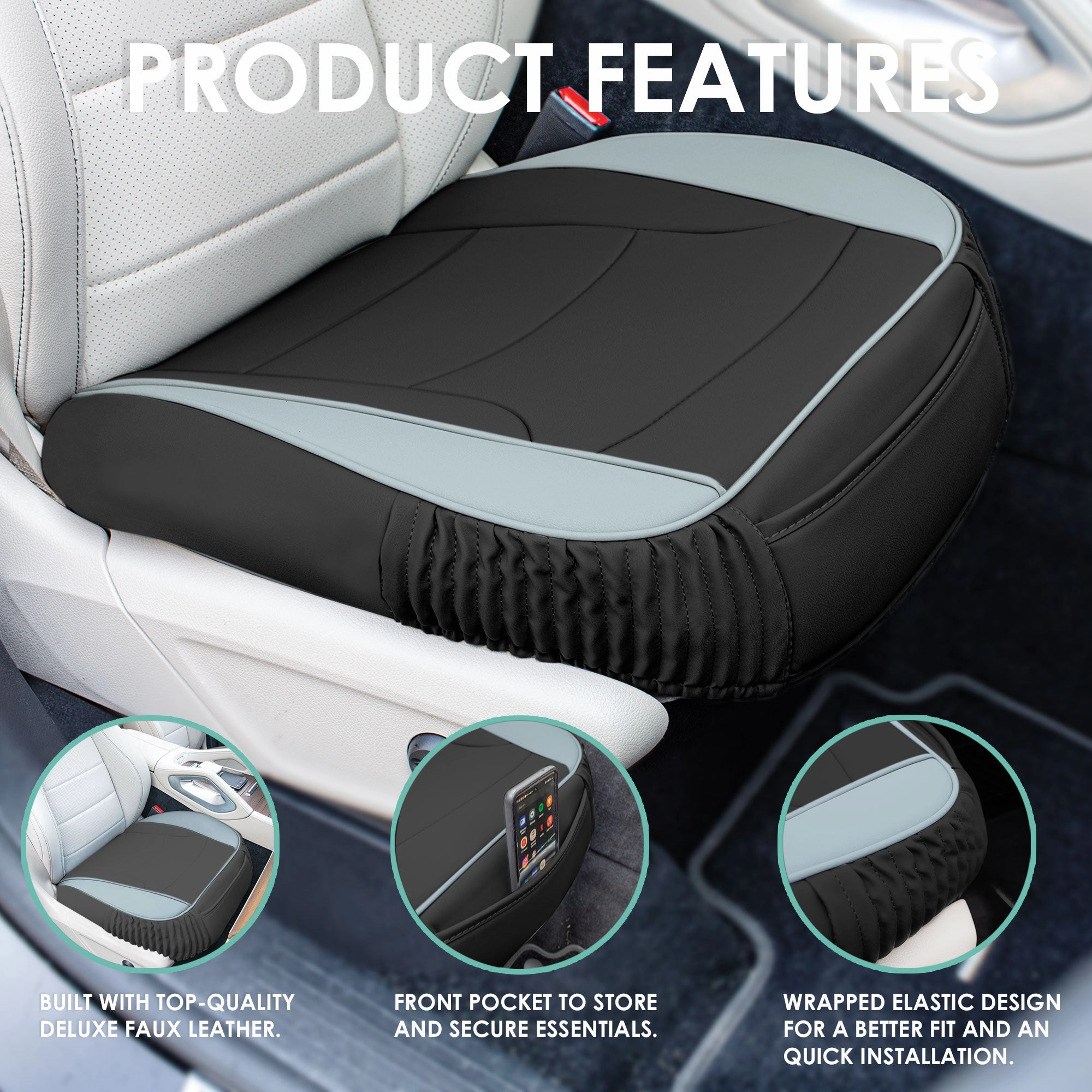 Faux Leather Seat Cushion Pad - 2 Piece Front Set Gray/Black