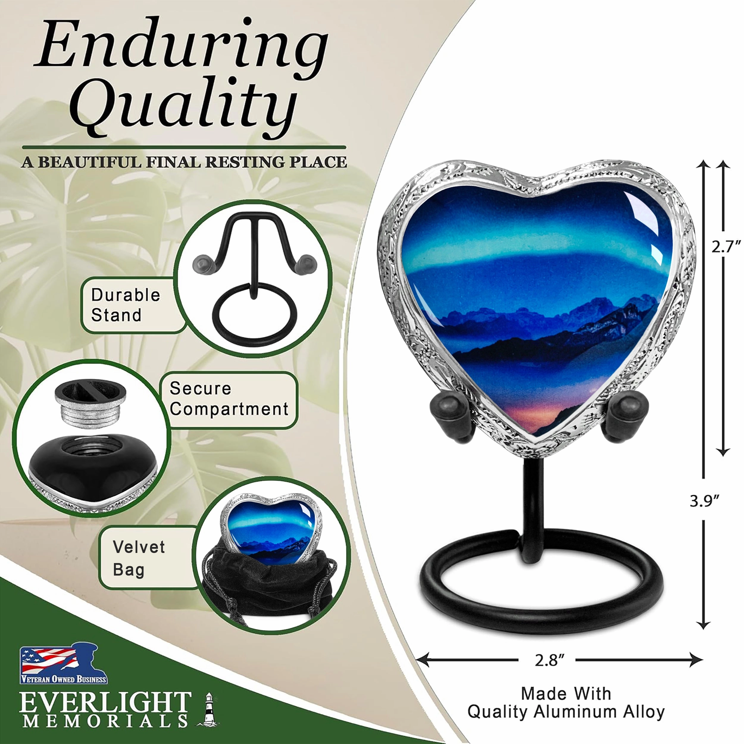 Heart Shaped Small Keepsake Cremation Urns for Human Ashes - Aurora Borealis