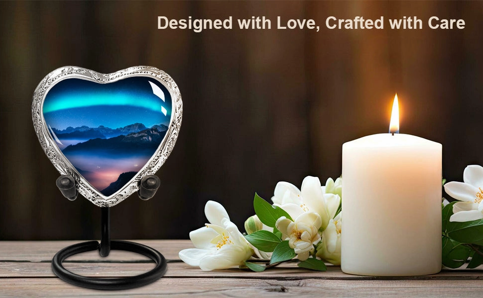 Heart Shaped Small Keepsake Cremation Urns for Human Ashes - Aurora Borealis