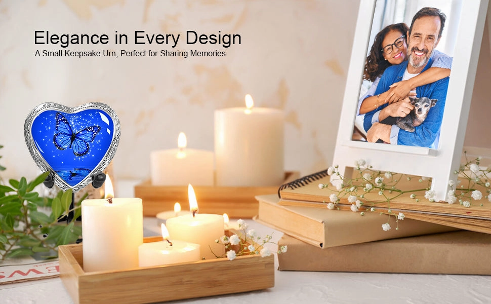 Heart Shaped Small Keepsake Cremation Urns for Human Ashes - Dark Blue Butterfly