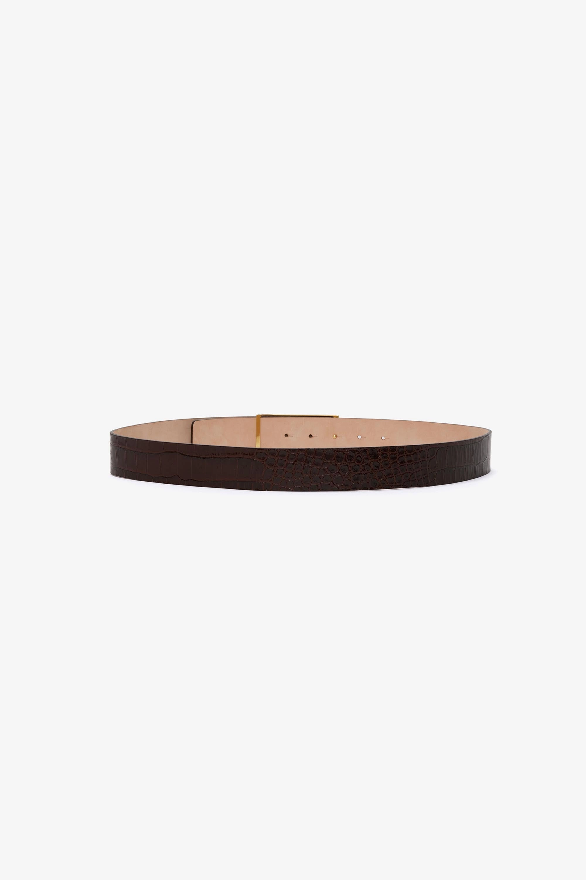Jumbo Frame Belt In Dark Brown Croc Embossed Leather
