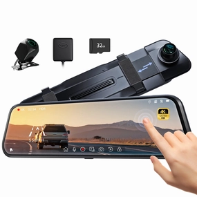 Pelsee 10 Inch 4K Mirror Dash Cam, Touch Screen Front & Rear View Camera with 32GB Card