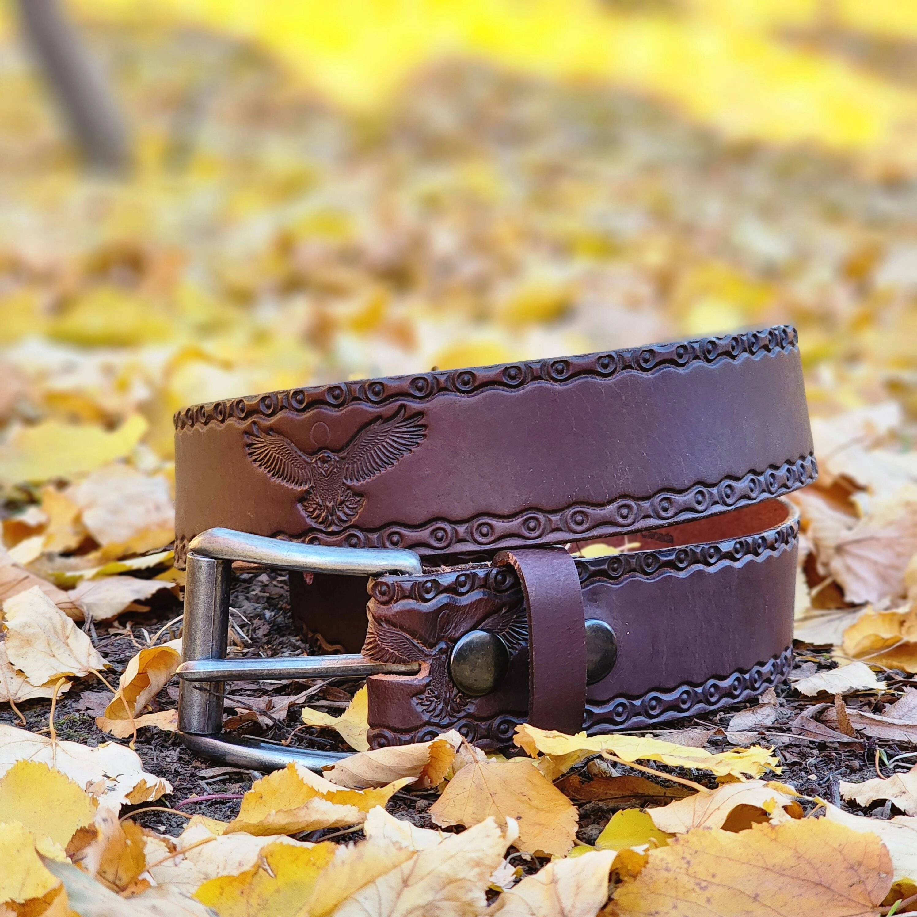 The Eagle Belt- Black Chain Link Embossed 100% Real Leather Belt