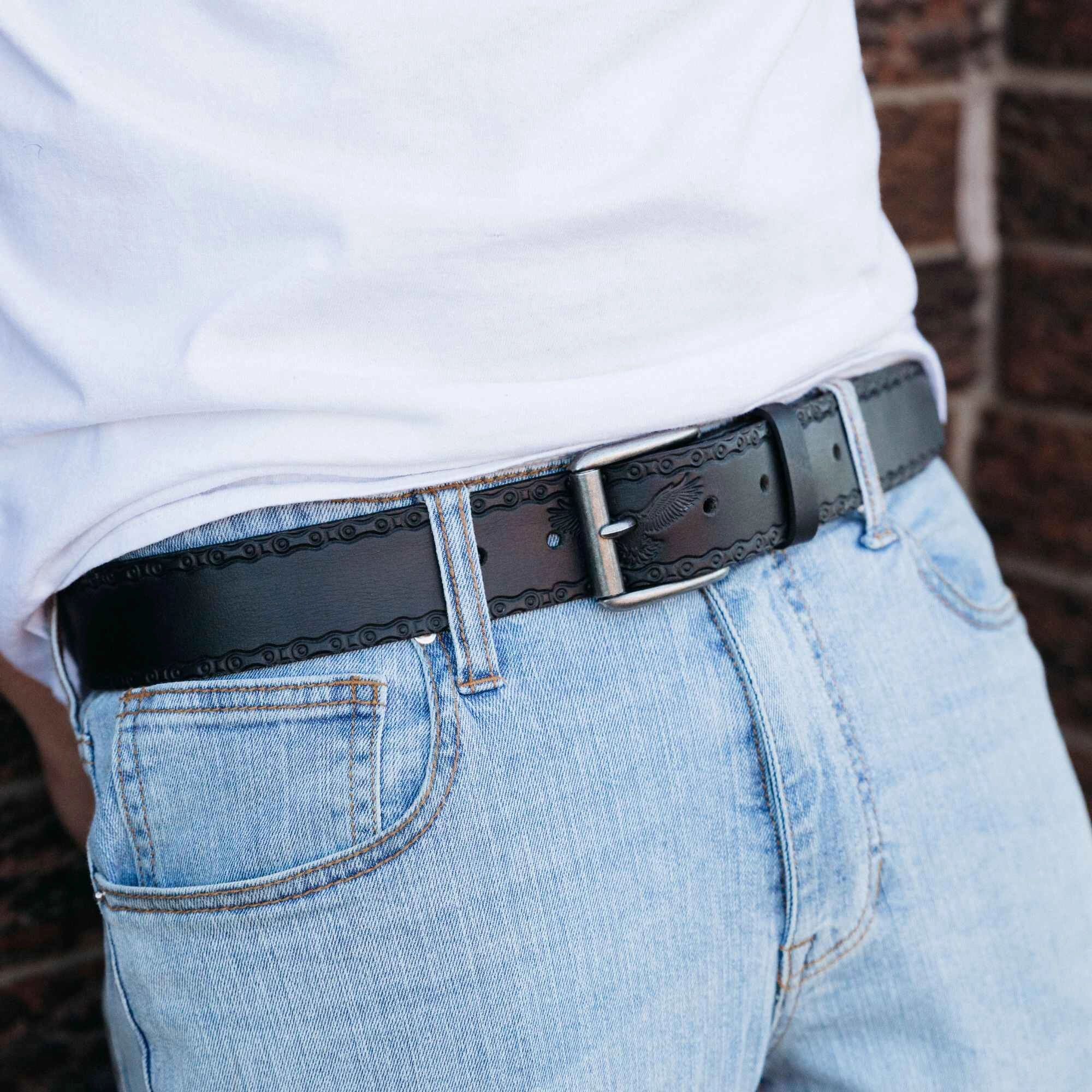 The Eagle Belt- Black Chain Link Embossed 100% Real Leather Belt