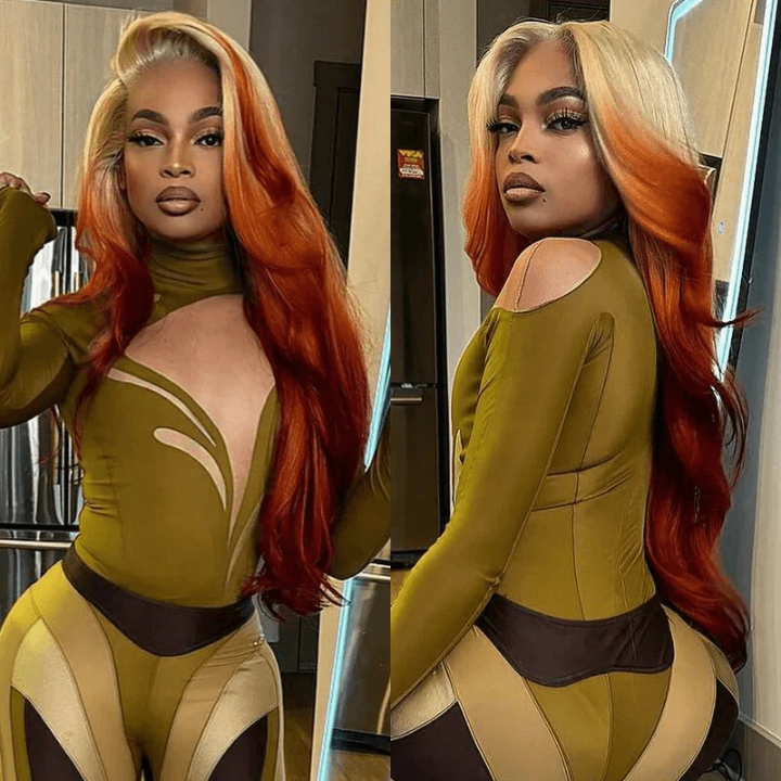 Tuneful Special Customise Blonde Orange Ombre Colored 13x6 HD Lace Frontal Wigs 210% Density