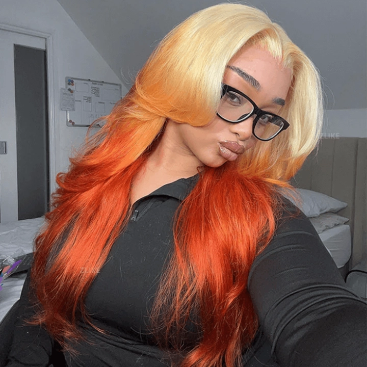 Tuneful Special Customise Blonde Orange Ombre Colored 13x6 HD Lace Frontal Wigs 210% Density