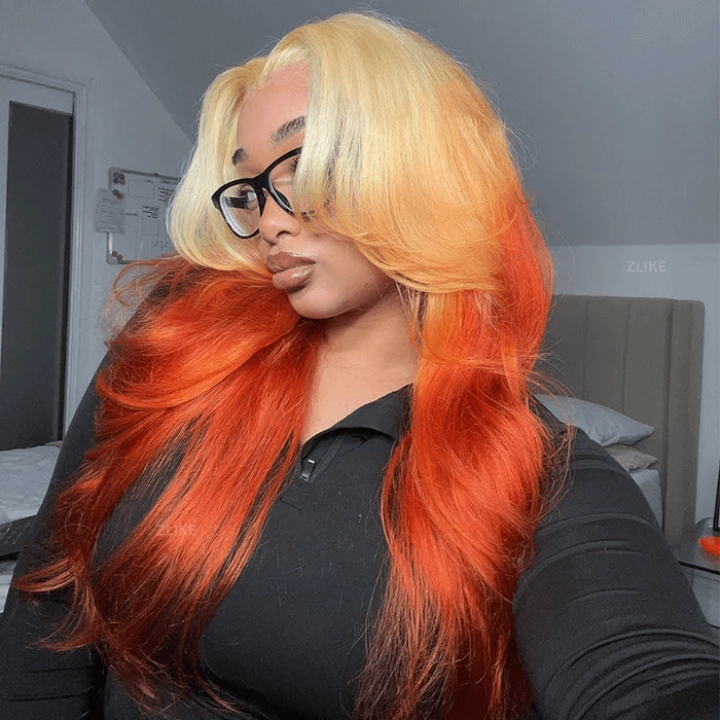 Tuneful Special Customise Blonde Orange Ombre Colored 13x6 HD Lace Frontal Wigs 210% Density