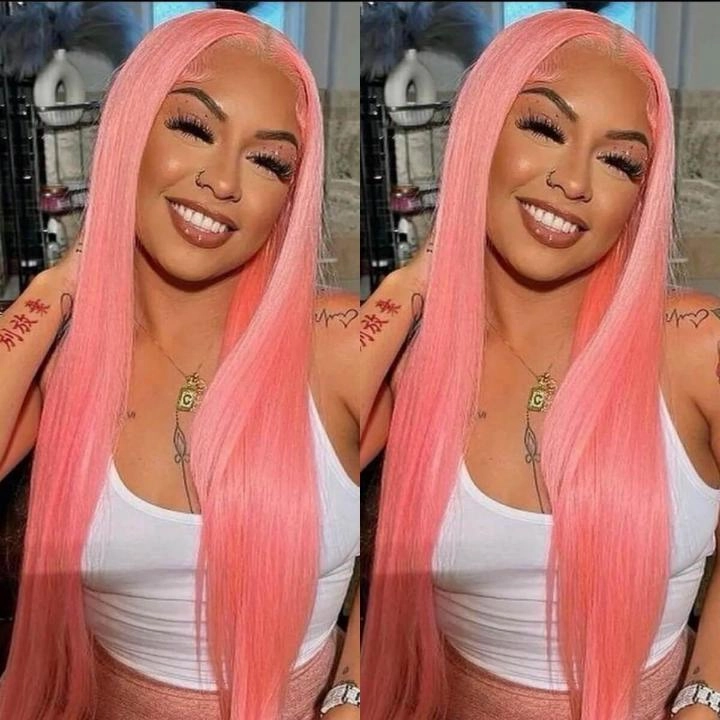 Tuneful Special Customise Pink Colored 13x6 HD Lace Front Human Hair 613 Frontal Wigs 210% Density