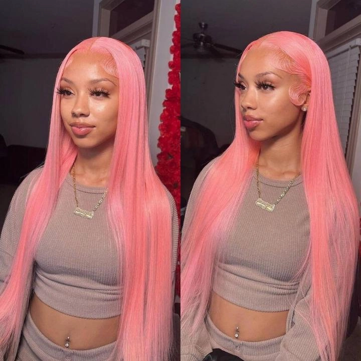 Tuneful Special Customise Pink Colored 13x6 HD Lace Front Human Hair 613 Frontal Wigs 210% Density