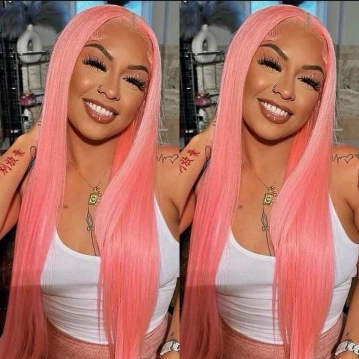 Tuneful Special Customise Pink Colored 13x6 HD Lace Front Human Hair 613 Frontal Wigs 210% Density