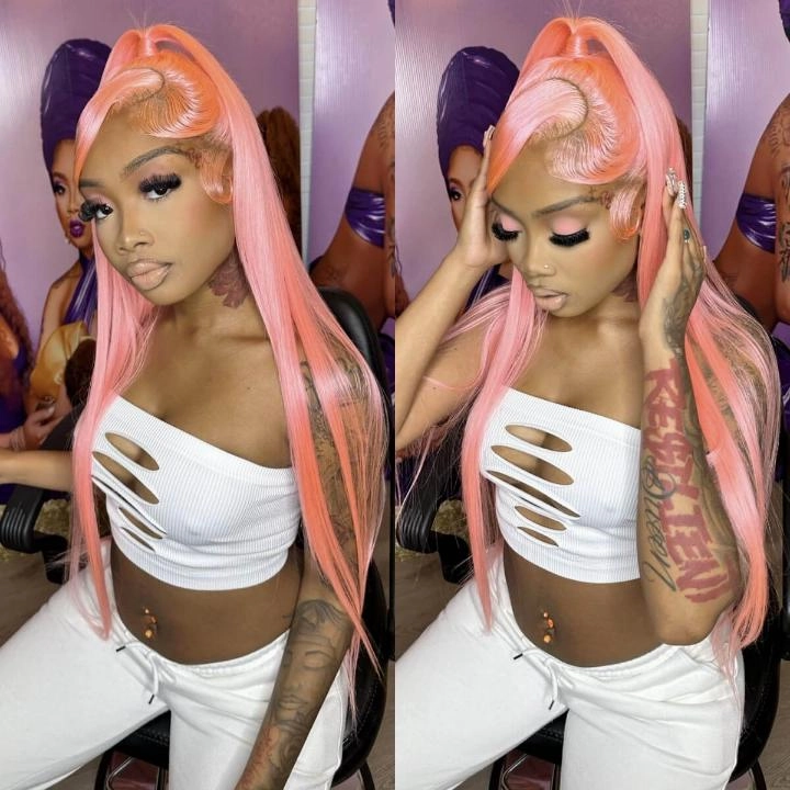 Tuneful Special Customise Pink Colored 13x6 HD Lace Front Human Hair 613 Frontal Wigs 210% Density