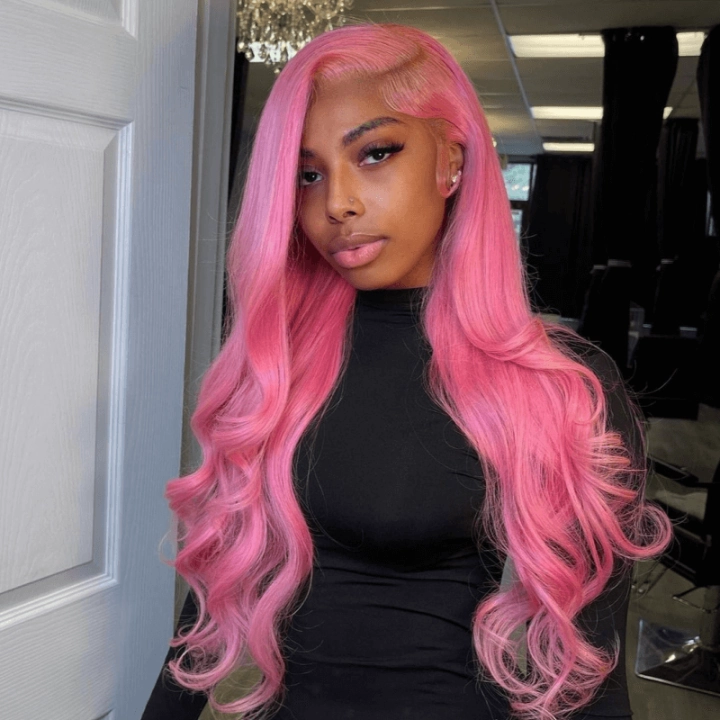 Tuneful Special Customise Pink Colored Body Wave 13x6 HD Lace Front Human Hair 613 Frontal Wigs 210% Density